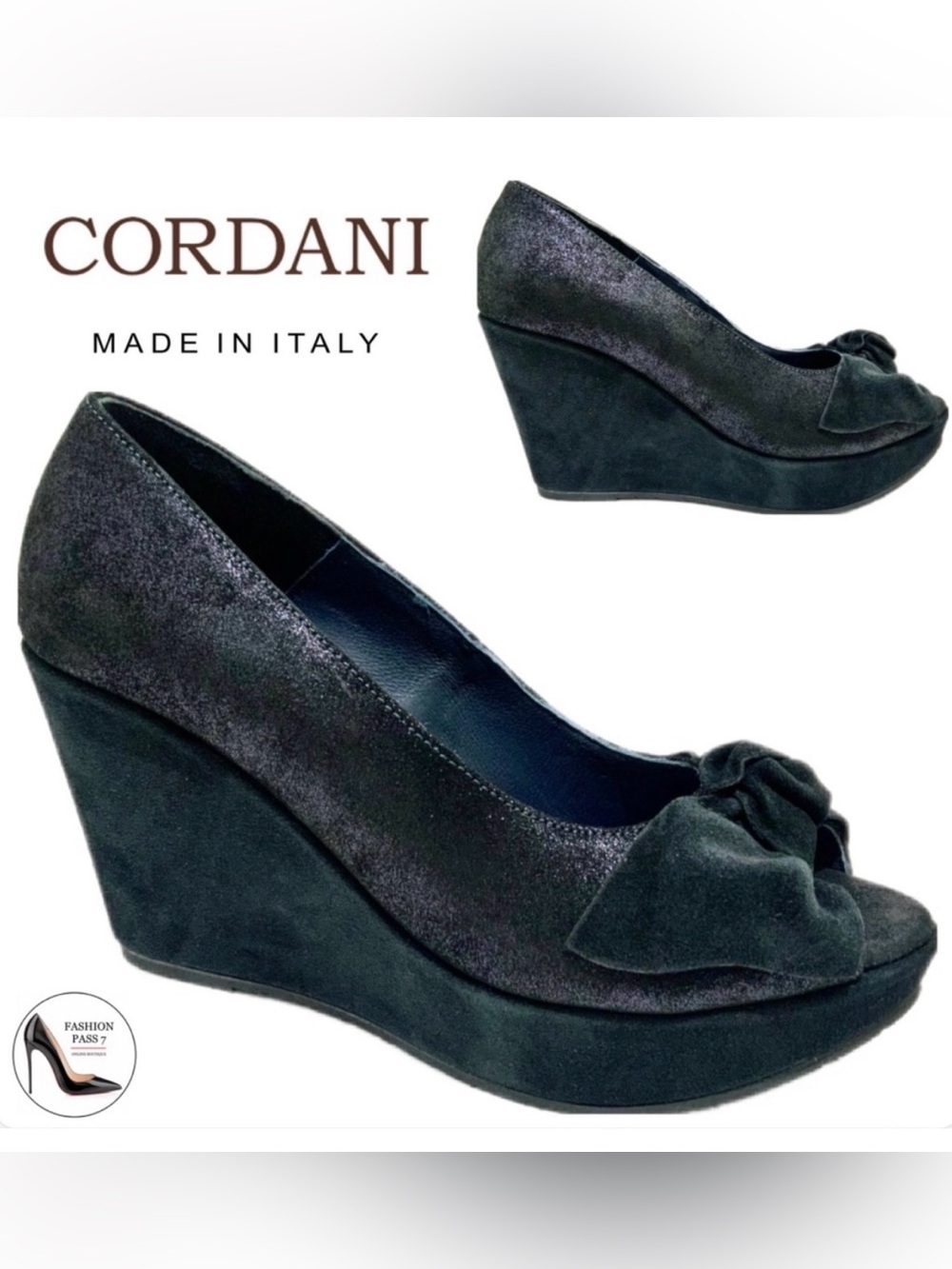 Cordani Black True Italian Suede 3.5” Wedge Peep-Toe Platform Pump w Bow Accent